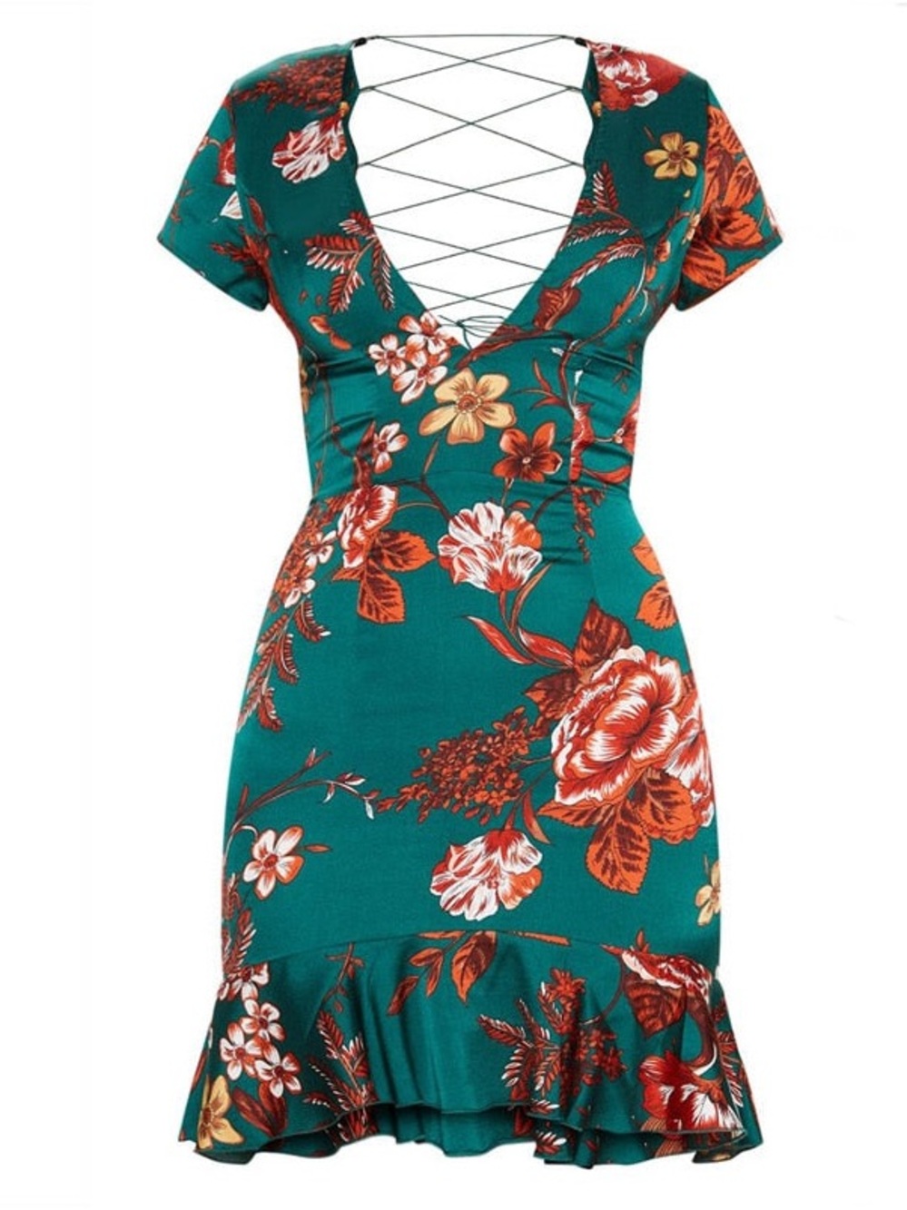 PrettyLittleThing Green Floral Mini Dress Size 2 Corset Tie Back V-Neck Women’s